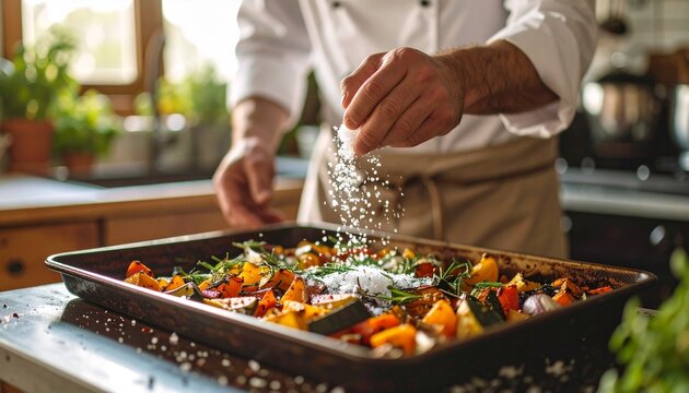 A skilled professional chef meticulously seasons a delectable tray of roasted vegetables, emphasizing the art of healthy culinary preparation within a vibrant kitchen setting.