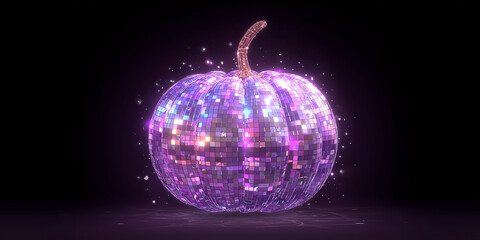 Shiny disco ball pumpkin celebrating halloween on black background
