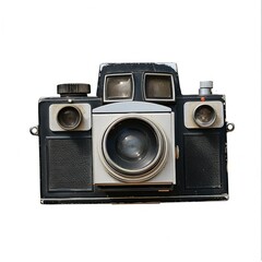 Vintage black and silver camera, front view