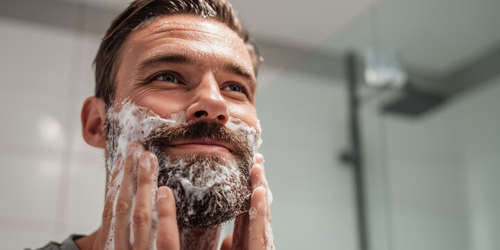 Handsome man washing his beard in the bathroom