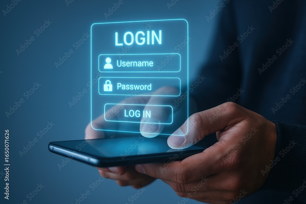Poster person using a smartphone to log in.