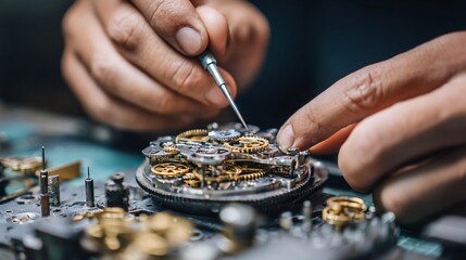 Clockwork repair hands using tools on intricate mechanical watch movement