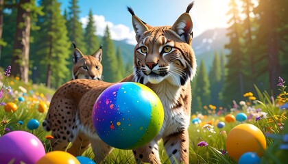 Lynx playing with Easter eggs with mountain meadow.