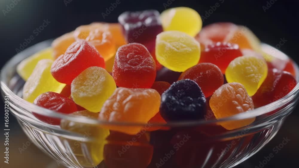 Poster bowl of assorted colorful gumdrops with shiny and smooth surfaces, each wrapped in a thin layer.