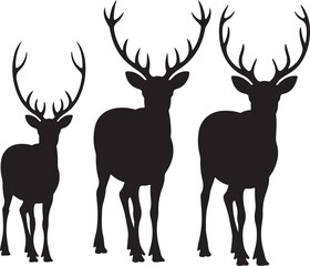 Three black silhouettes of stags with large antlers on a white background deer animal