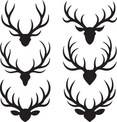 Six Black Silhouette Deer Antlers With Skull Shapes On White Background stag cervidae
