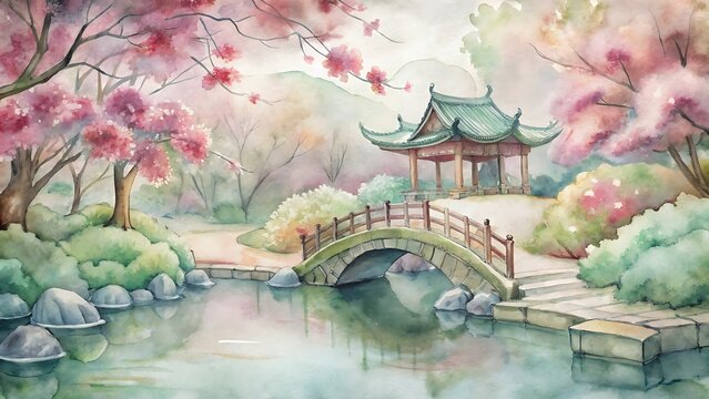 Tang Dynasty Garden Watercolor with Lotus Pond, Cherry Blossoms, Curved Bridge &ndash; Prints, Stationery, Backgrounds, Posters