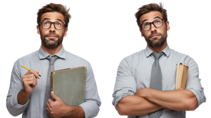 Man with glasses holding book and pencil