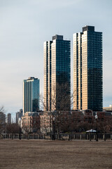 Modern Twin Skyscrapers Residential Towers Urban Waterfront Cityscape