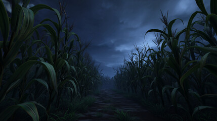 Moonlit cracked corn maze with looming stalks casting eerie shadows and hidden scarecrows in dark rows