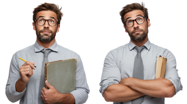 Man with glasses holding book and pencil
