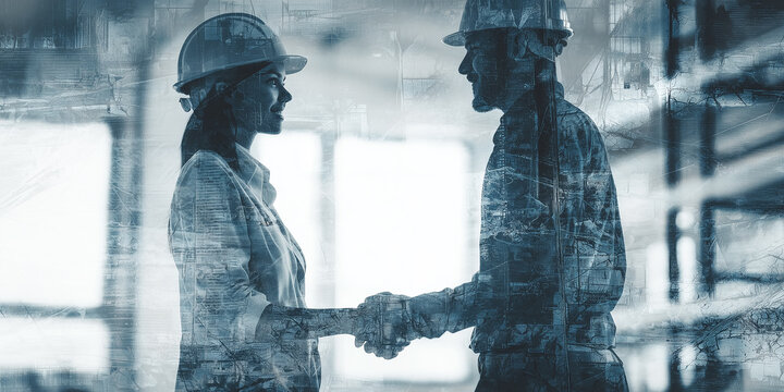 Engineers shaking hands after successful meeting in modern office building