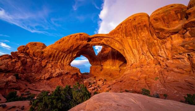 Double arch of vibrant red rock formations under a vast blue sky. - Powered by Adobe