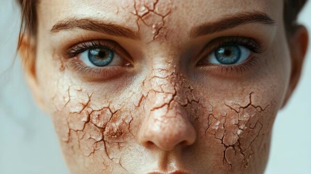Close-up of woman's face showing dry, cracked skin; emphasis on skin texture and condition.