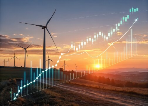 Wind turbine energy growth and financial market trends at sunset