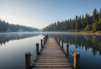 Fototapeta premium Peaceful morning on a calm lake with a wooden dock stretching into the mist and reflecting the pine forest
