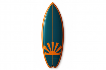 Surfboard featuring a sunrise design, isolated on a transparent background, perfect for summer and surfing themes
