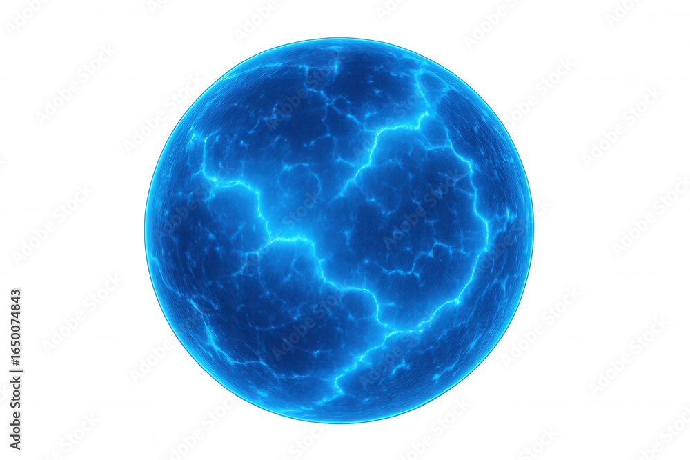 Poster electric currents flowing on a blue energy sphere isolated on transparent background, creating a pow