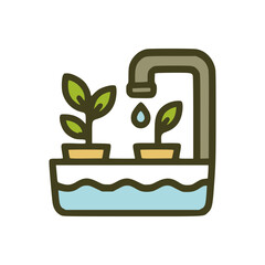 Minimalist graphic showing seedlings in pots under a dripping tap with a wavy water base