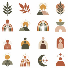 Minimalist Boho Nature and People Icons in Warm Colors