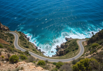 Scenic coastal road winding along a dramatic cliffside with turquoise ocean waves crashing on the rocky shore below