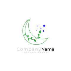 moon and leaf logo template with line style in green and blue color
