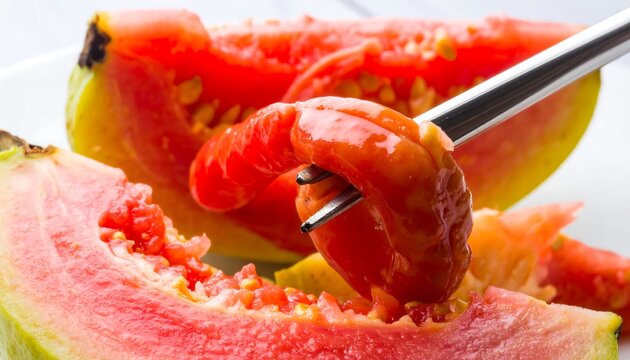 Sliced guava with pickled pieces on a fork.