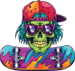 Cool Skull with Skateboard, Cap, and Sunglasses
