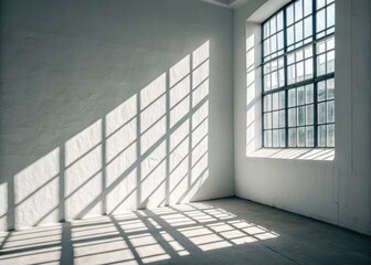 Sunlight streaming through a large industrial window casting geometric shadows
