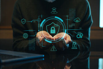 man holding smartphone with holographic lock and data network graphics. Concept of cybersecurity,...