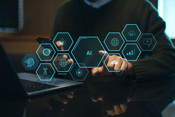 Man hand with cupped hands under a glowing AI interface surrounded by futuristic tech icons. Ideal...
