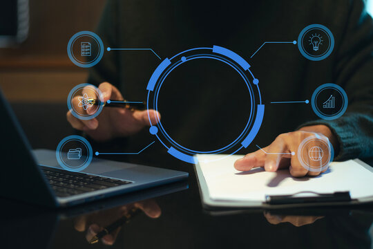 Businesswoman hand working digital marketing media in virtual screen with mobile phone and modern compute