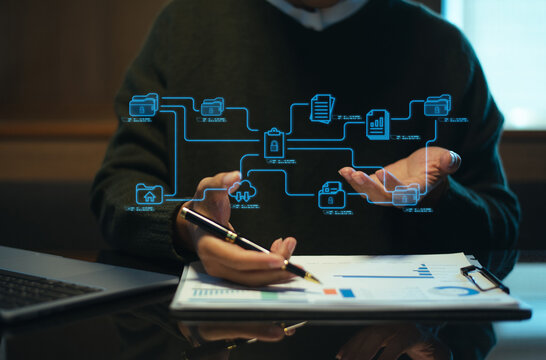 Modern businesswoman using a stylus to interact with digital data flow on tablet. Concept of cloud storage, cybersecurity