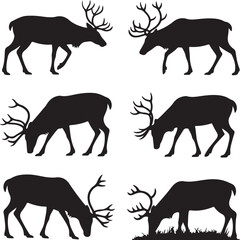 Six Black Silhouette Reindeer Poses on White Background caribou animal