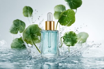 Serum bottle with gotu kola leaves and water splash for skincare product