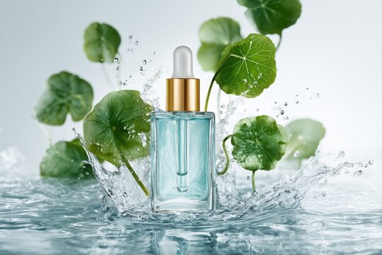 Serum bottle with gotu kola leaves and water splash for skincare product