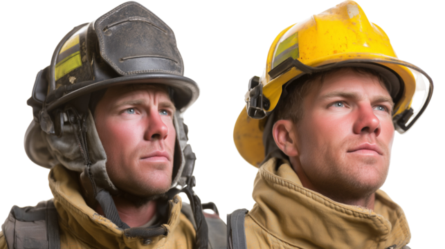 Two firefighters wearing protective helmets