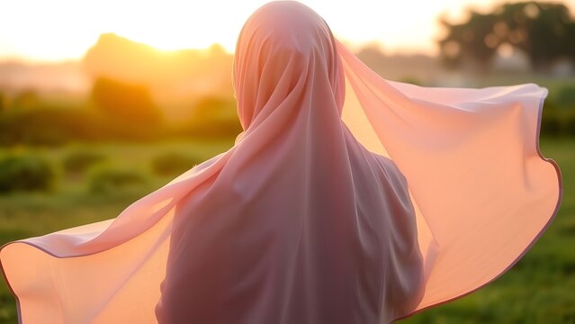 Silhouette of a woman wearing hijab facing sunset, symbolizing peace, spirituality, and contemplation