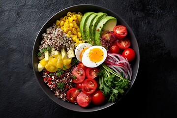 Top View of a Nourishing Buddha Bowl with Quinoa Avocado Egg and Vegetables healthy food hard-boiled egg