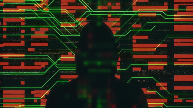 Chaotic lines of virus code with glitches concept. A silhouette is depicted against a vibrant digital backdrop of green and red.