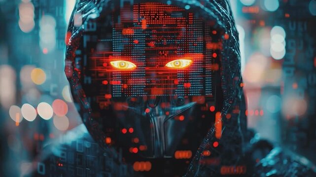 Cyber Guardian: A hooded figure with glowing eyes, integrated with digital code, in a futuristic city setting. Reflecting the duality of digital and human existence.