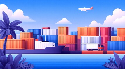 global economy illustration, container ships, airplanes, and trucks with trade icons