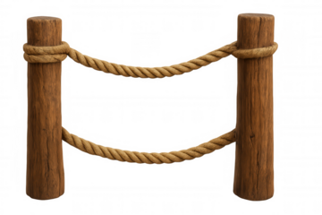 Weathered wooden posts connected by thick rope, forming rustic boundary against transparent backdrop