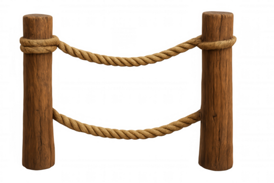 Weathered wooden posts connected by thick rope, forming rustic boundary against transparent backdrop