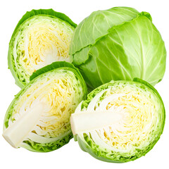 Fototapeta premium Cabbage Isolated On White Background: A captivating close-up of a vibrant green cabbage, with one artfully halved to reveal its textured interior. 