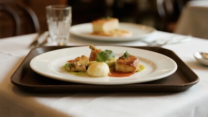 Gourmet dish on a tray, elegant presentation. Fine dining experience with warm ambiance