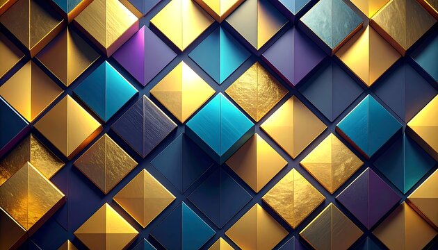 Geometric pattern of golden and blue squares - Powered by Adobe