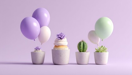 Whimsical Potted Plants With Balloons And Cupcake On A Pastel Purple Background succulents cactus