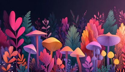 Whimsical fantasy forest with colorful mushrooms and abstract foliage nature magic