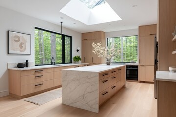Fototapeta premium Modern light-filled kitchen with large island